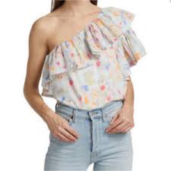Revolve Something Navy one shoulder top pastel ruffle floral print size medium - Picture 2 of 10